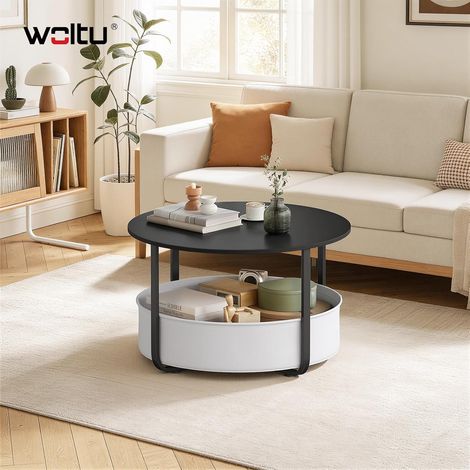 WOLTU Mesa de centro, mesa de salón, con cesta de almacenamiento, redonda, negra y gris