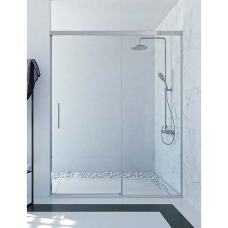 Mampara de ducha frontal de 1 hoja fija y 1 puerta corredera. - Cristal 6 mm con ANTICAL INCLUIDO - Modelo SIA Medida (161-170) - TRANSPARENTE (1/5)