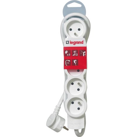 Rallonge Multiprise 5 Prises de Courant avec Cordon 3m, 2P+T, 16A, 230V, Blanc et Gris
