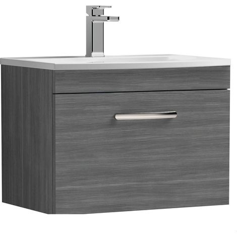 Millwich Contemporary 1 Drawer Wall Hung Vanity Unit with Curved Basin, Anthracite Woodgrain, 600mm