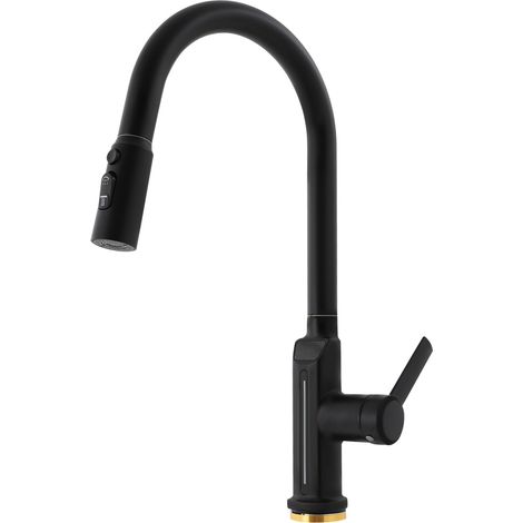Robinet de cuisine télescopique, robinet d'évier, robinet de lavabo avec écran LED, robinet de cuisine mitigeur, doté de 3 modes de jet, noir, adapté à la salle de bains (1/5)