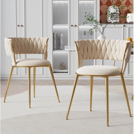 Silla de comedor de terciopelo color marfil 57,1 x 43 x 70 cm con reposabrazos (1/5)