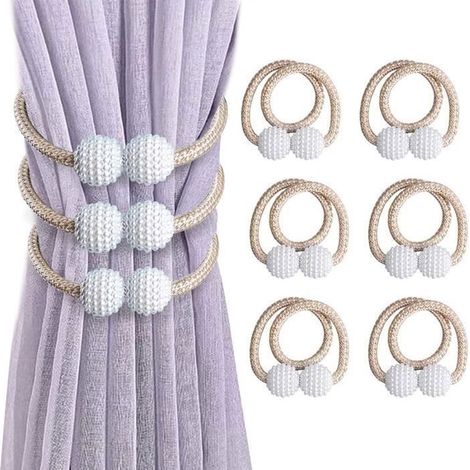 Lot de 6 (Beige) Embrasses de Rideaux, Embrasses Rideau Aimantée Fenêtre à Billes Faux Perles Boucle de Rideau Pince pour