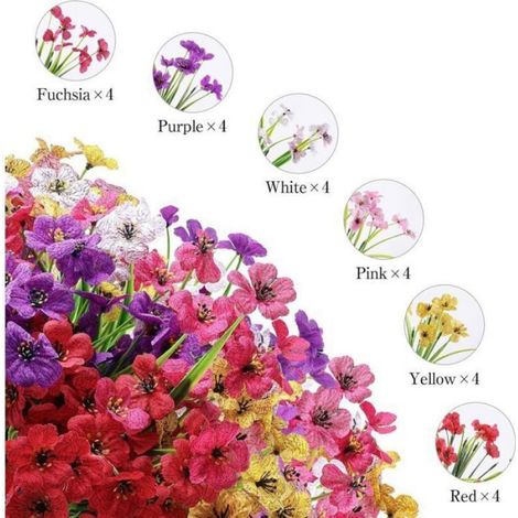 Fleurs Artificielles - Extérieur - Lot de 24 Bouquets - 6 Couleurs - Diamètre 4 cm - Tige 31 cm - Plastique Synthétique (1/4)