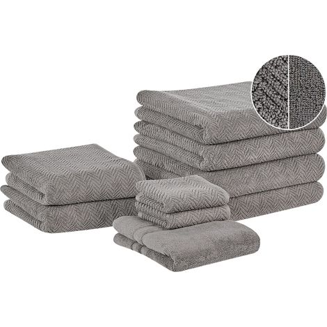 Beliani – Lot de 9 serviettes de bain en coton 100% doux – Motif chevron gris – Super absorbantes et à séchage rapide – 550 g/m2