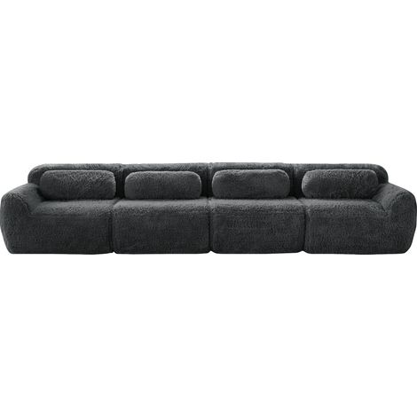 Divano 4 posti in tessuto peluche grigio con cuscini MODENUIT (1/5)