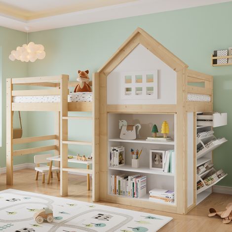 MEUBLIV Hochbett 90x200 cm Weiß/Natur – mit Stauraum und Schubladen ohne Matratze (1/5)