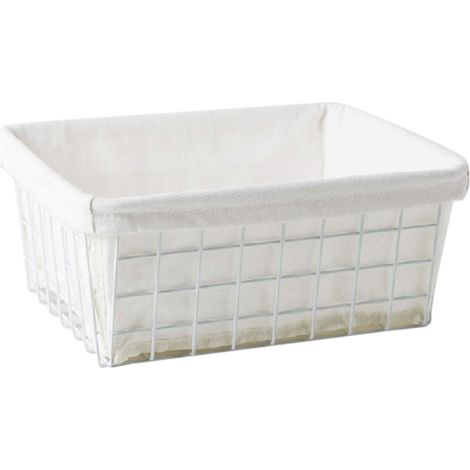 Panier de rangement en fer forgé blanc avec doublure résistante, adapté aux cuisines et aux salles de bains.