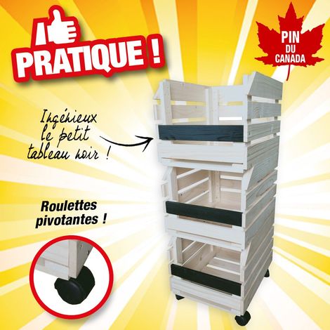 Casiers en bois spécial range fruits et légumes, meuble sur roulettes