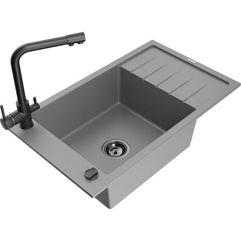 Mexen Elias fregadero de granito de 1 cubeta con escurridor y grifo de cocina Duero, gris - 6511-71-671600-70-B (1/5)