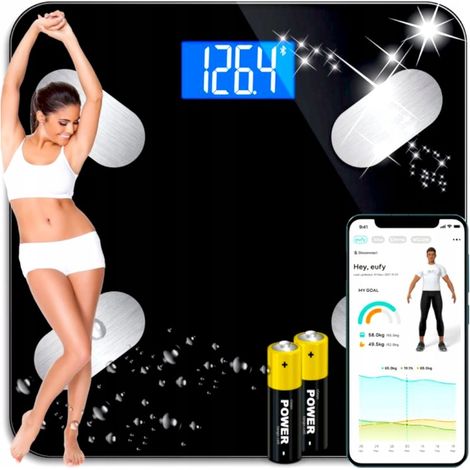 Báscula de baño analítica inteligente, aplicación Bluetooth, cristal + pilas incluidas.