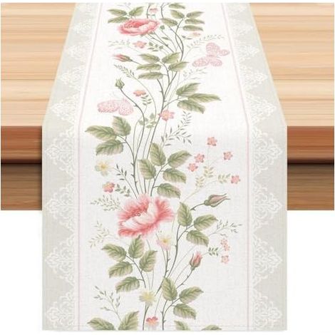 Chemin de table décoratif à motif floral en polyester robuste, lavable, 33 x 183 cm, pour cuisine, salle à manger, fêtes et usage quotidien (1/5)