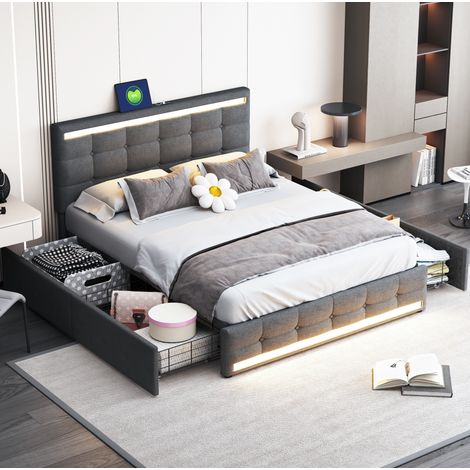 Letto imbottito 140x200 cm grigio con LED, 4 cassetti e 2 porte USB (1/5)