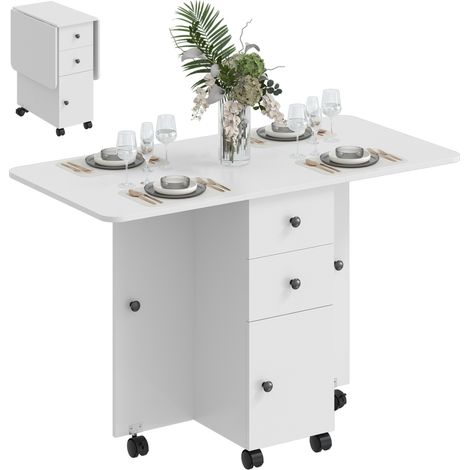 Beyamis Table à manger pliante, table de cuisine roulante avec tiroirs et armoire, Blanc (1/5)