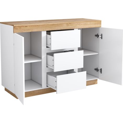 Commode 3 tiroirs et 2 portes, meuble de rangement pour chambre et salon, panneaux de particules E1, Blanc + Chêne