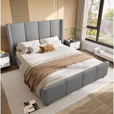 Lit en velours gris foncé 160x200 cm avec tête et pied de lit hauts, ports USB et Type-C (1/5)