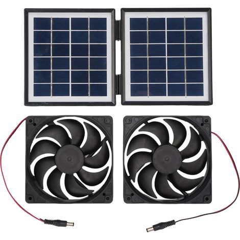 Kit de ventilateur d'extraction solaire résistant à la pluie 2 x 5 W avec panneau pliable de 10 W pour caravane extérieure, maison pour animaux domestiques, buanderie, noir. (1/5)