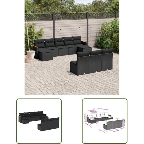 The Living Store Salon de jardin 10 pcs avec coussins noir résine tressée - Ensemble Salon De Jardin - Salon De Jardin Extérieur - Meuble De Jardin - Résine Tressée - Mobilier De Jardin (1/3)