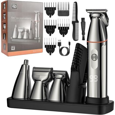 5-in-1 Draadloze Mannen Hairtrimmer Kit, Baardtrimmer, Snortrimmer, Neushaartrimmer, Lichaamstrimmer mit LED-Schimmer (Silber) (1/5)