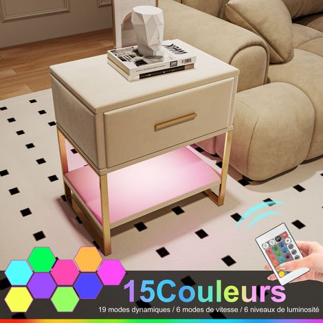 JOOKGBD- Lot de 2 tables de chevet en velours 40x31x50 cm, avec éclairage LED multicolore, tiroir et étagère ouverte, pieds métalliques dorés, pour chambre salon, Velours, Beige (1/5)