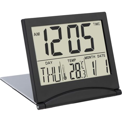 Horloge avec Date et Jour LCD Alarme de Voyage Pliable – Digitale Réveil Numérique - Horloge de Bureau, Table avec Indication de la température et de la Date – Noir (1/5)
