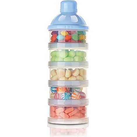 Portable 5-compartment powdered milk dispenser with integrated spoon, ideal for infants/travel