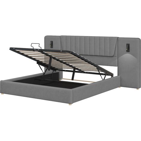 Cama doble 180 x 200 cm de terciopelo gris con arcón hidráulico y lámparas USB (1/5)