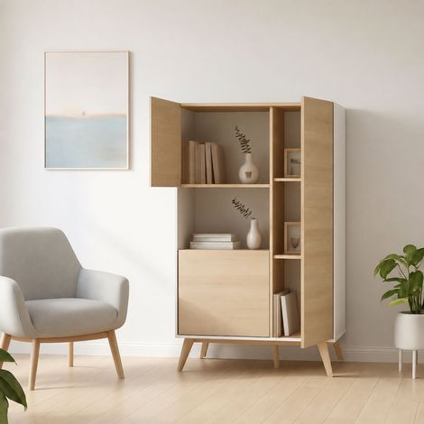 Dmora - Credenza Crono, Buffet alto da soggiorno, Madia moderna da salotto a 3 ante, 81x43h135 cm, Rovere e Bianco