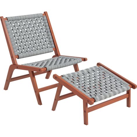 Poltrona da giardino con poggiapiedi - sedia relax in legno di acacia e corda di resina intrecciata - naturale, grigio