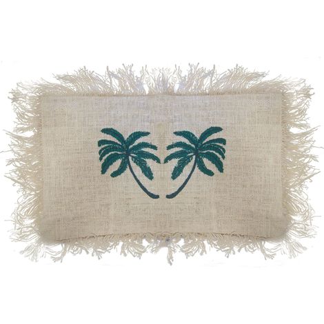 1x Coussin en Lin 30x50cm Palmier avec Frange- Vendu par 1 (1/4)