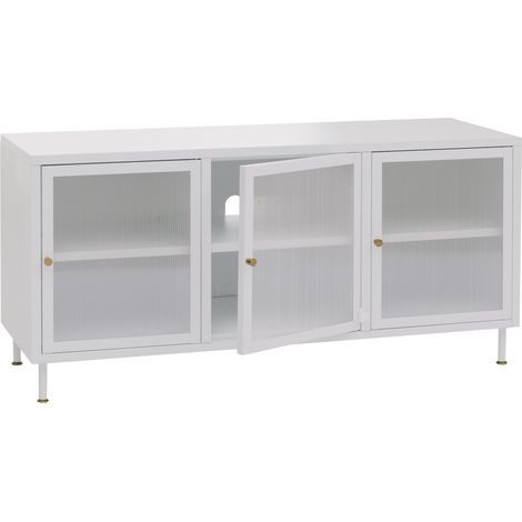 [JAMAIS UTILISÉ] Meuble TV HHG-438, meuble TV bas, buffet, portes, compartiments de rangement, style industriel, métal, verre cannage, 58 x 120 x 40 cm, blanc