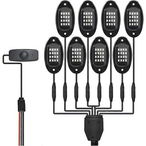 Kit de 8 projecteurs LED RGB pour roches, éclairage multicolore néon sous caisse, avec contrôle via application Bluetooth pour camions, quads, SSV et SUV. (1/5)