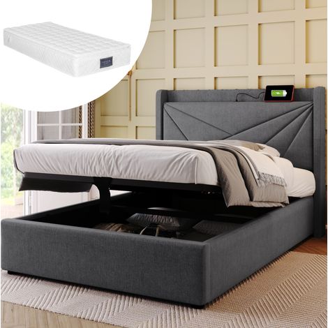 Letto singolo 90x200 cm grigio in cotone e lino con contenitore, USB-C e materasso (1/5)