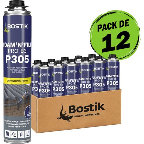Bostik – Pack de 12 mousses polyuréthane pistolables 750 ml – Isolation thermique et acoustique – Excellent rendement jusqu'à 30 litres par aérosol - P305 FOAM'N'FILL PRO B3 (1/2)