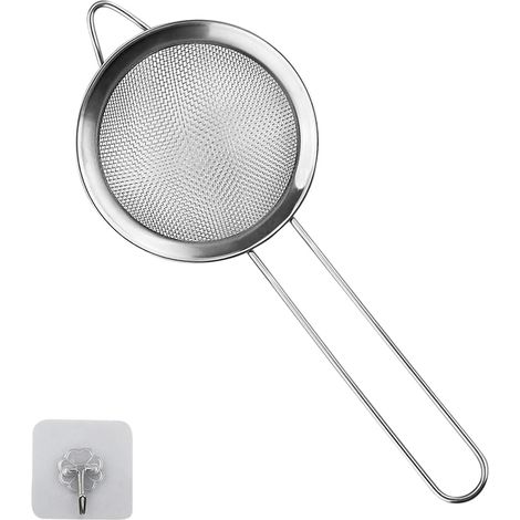 1 petit passoire en acier inoxydable à mailles fines avec crochet de cuisine, 8 cm de diamètre, passoire à thé avec poignée, idéale pour jus, œufs, thé, café, farine (1/5)