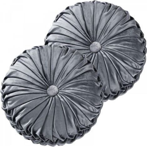 Lot de 2 oreillers ronds, 38 x 38 cm plissés, coussins de sol en velours vintage déco pour la maison canapé chaise lit, gris foncé (ondulation) (1/5)