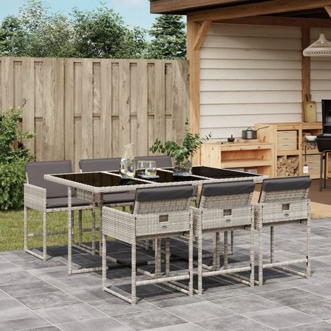 Set comedor jardín 7 pzas y cojines ratán sintético gris claro vidaXL