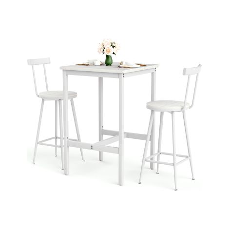 Bar-Tisch und Hocker-Set, Esstisch mit zwei Stühlen mit Fußpolstern, Metallgestell, Bar-Tisch-Set im Industrial-Stil, geeignet für Esszimmer, Wohnzimmer usw., weiß. 60cm60cm92cm