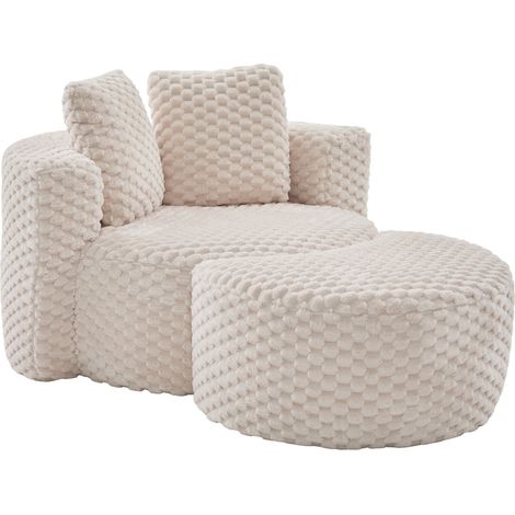 Fauteuil relax 1 place avec pouf, design cocon 360°, revêtement tissu doux beige, compact pour salon, chambre ou coin lecture, livré compressé sans montage – CHICFURN (1/5)