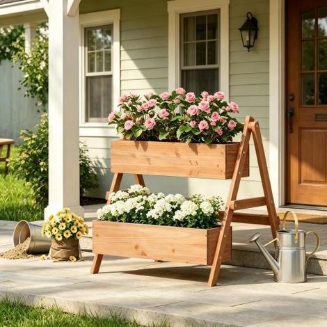 Bac de Jardinage en Escalier en Bois Massif, Platebande Surélevée à 3 Niveaux pour Fleurs, Légumes et Herbes, 80 x 62 x 68 cm, Charge 50 kg par Bac, Brun (1/5)