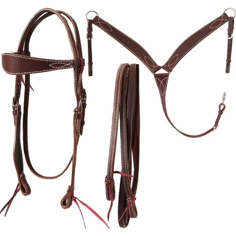 MARRONE - Set briglia con redini e pettorale western modello Beaver in cuoio liscio con cuciture bianche (1/4)