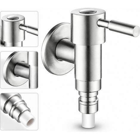 Lot de 2 robinets de lave-linge en acier inoxydable 304, type T avec connecteur à ressort, arrêt automatique anti-fuite au débranchement, raccordement rapide, filetage G 1/2, pour buanderie et cuisine (1/5)