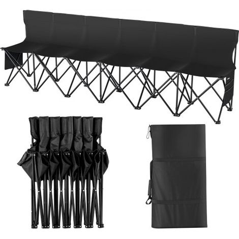 Banc pliant portable à 6 places, banc de camping pliable d'extérieur avec sac de transport et dossier, banc latéral de sport d'équipe pour pêche, football, siège instantané sans assemblage, noir (1/4)