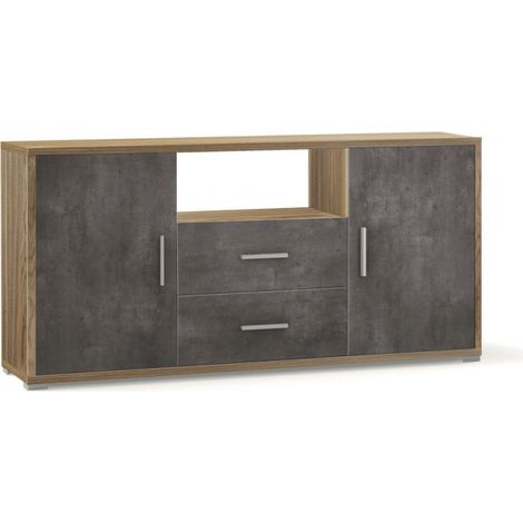 Meuble 2 portes, 2 tiroirs, 174 cm (L) x 41 cm (P) x 84 cm (H), finition noyer et noir mat, Sarmog (1/3)