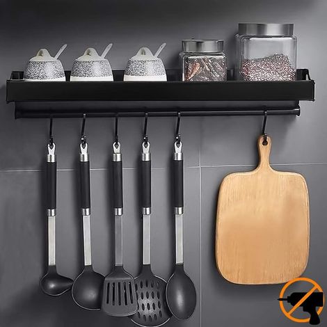 GROOFOO 30 cm Étagère de Cuisine Murale Sans Perçage Porte-épices avec 6 crochets amovibles,Peut placer des épices,suspendre des spatules,des cuillères et d'autres ustensiles de cuisine (1/5)