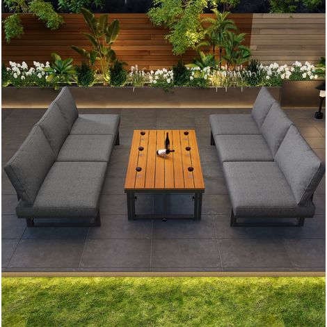 Dreiteiliges Gartenmöbel-Set aus Eisen und Akazienholz, grau, mit 2 Sofas, höhenverstellbarem Tisch und verstellbaren Sitzflächen (1/5)