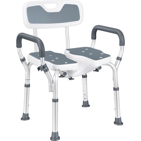 Tabouret de douche réglable en hauteur – Découpe hygiénique – Charge max 180 kg – Accoudoirs rembourrés et antidérapants – Pour personnes âgées (1/5)
