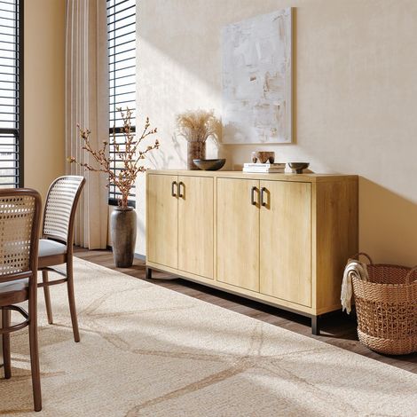 Sideboard 160x35x80 cm, moderner Aufbewahrungsschrank mit 4 Türen im Industrial-Stil für Küche und Wohnzimmer, MDF und Stahl, Natur (1/5)
