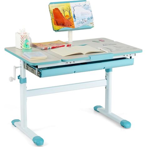 COSTWAY Scrivania per Bambini, Tavolo per Studenti con Regolabile in Altezza, con Piano Ribaltabile, Libreria, Cassetti e Righello di Misurazione, Ergonomica, Ideale per Bambini 3-12 Anni (Blue)