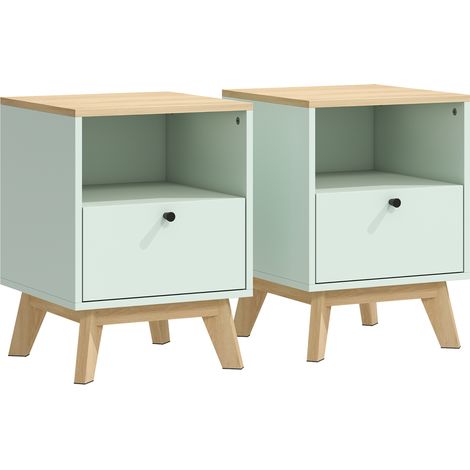 Lot de 2 tables de nuit en chêne et vert clair, avec tiroir et étagère ouverte, 40 x 40 x 55 cm. (1/5)